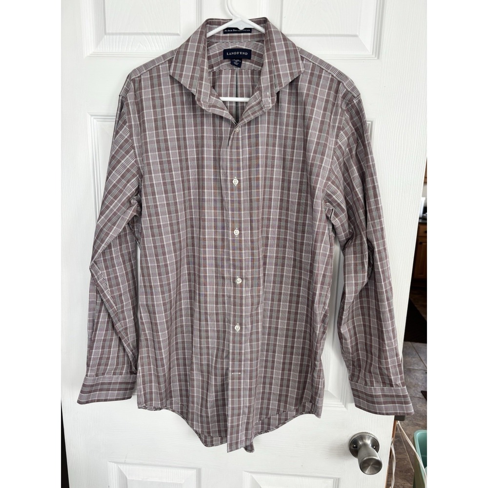 Lands End Shirt Mens 16/34 Red Plaid‎ Long/Sl Button Up Pinpoint Oxford Tailored
